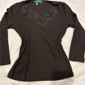 Lauren Ralph Lauren Brown Embellished Fitted Blouse